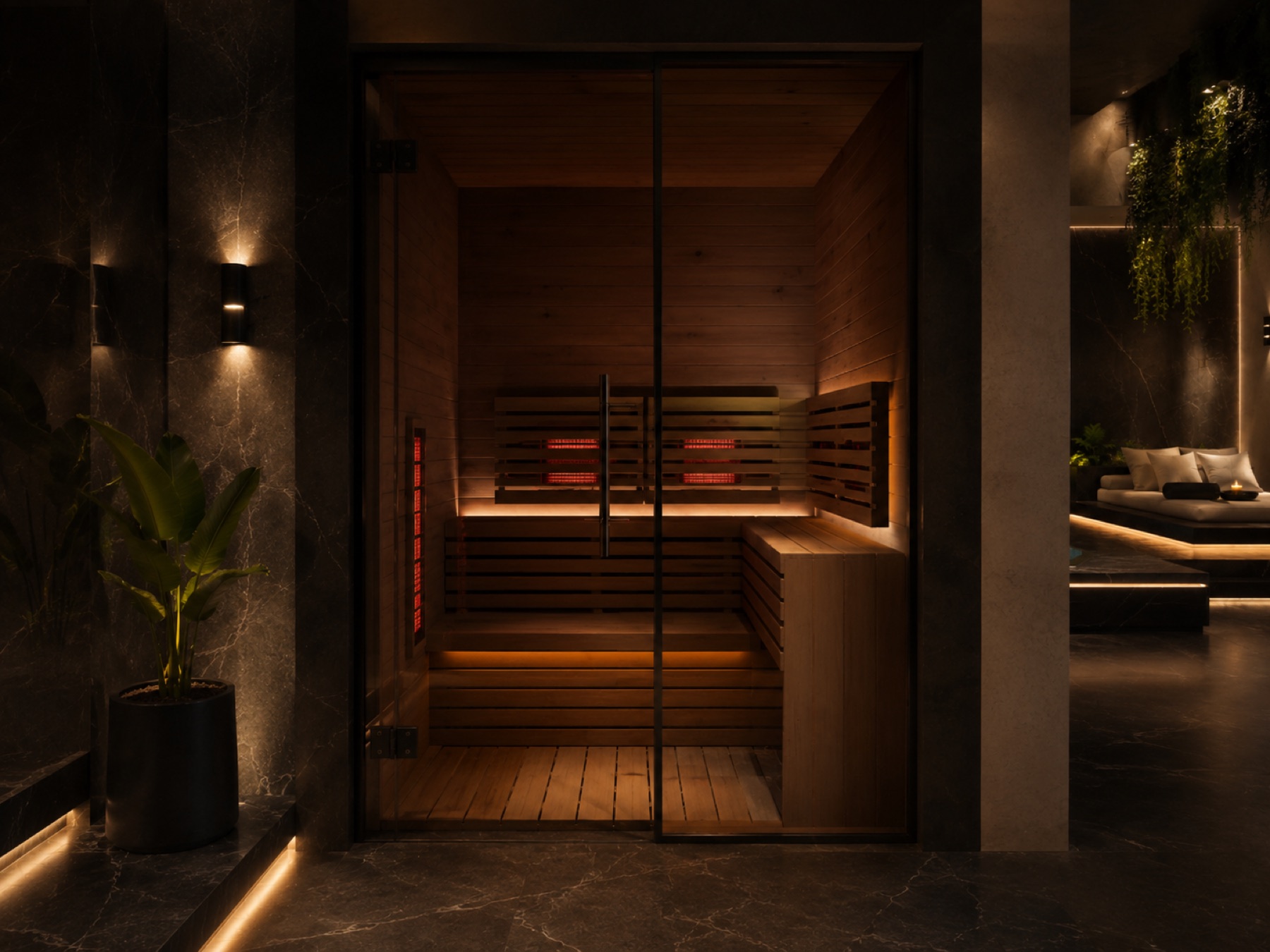 Prosklená infrasauna s teplým dřevem a infračervenými zářiči